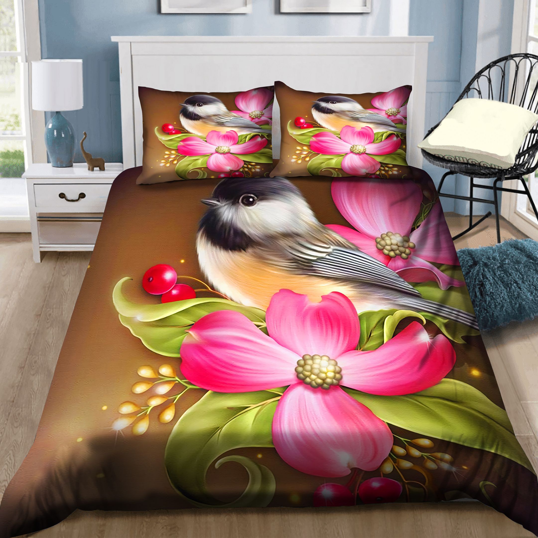 A Little Bird And Pink Flowers Bedding Set