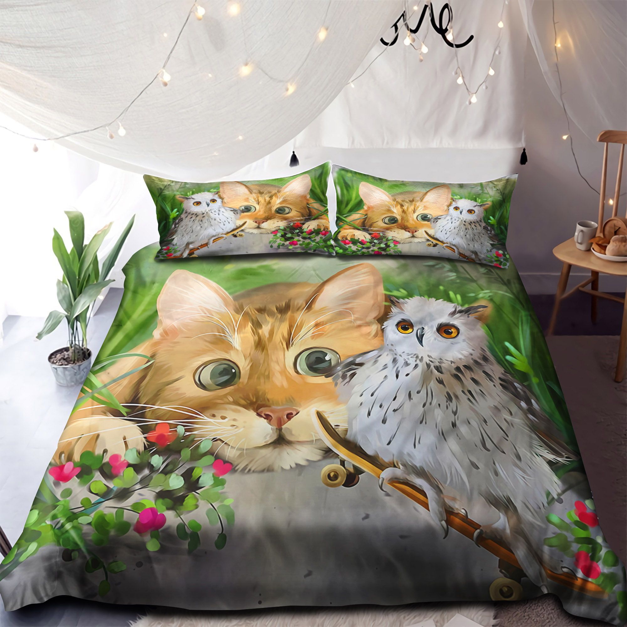 A Little Cat And Owl Bedding Set