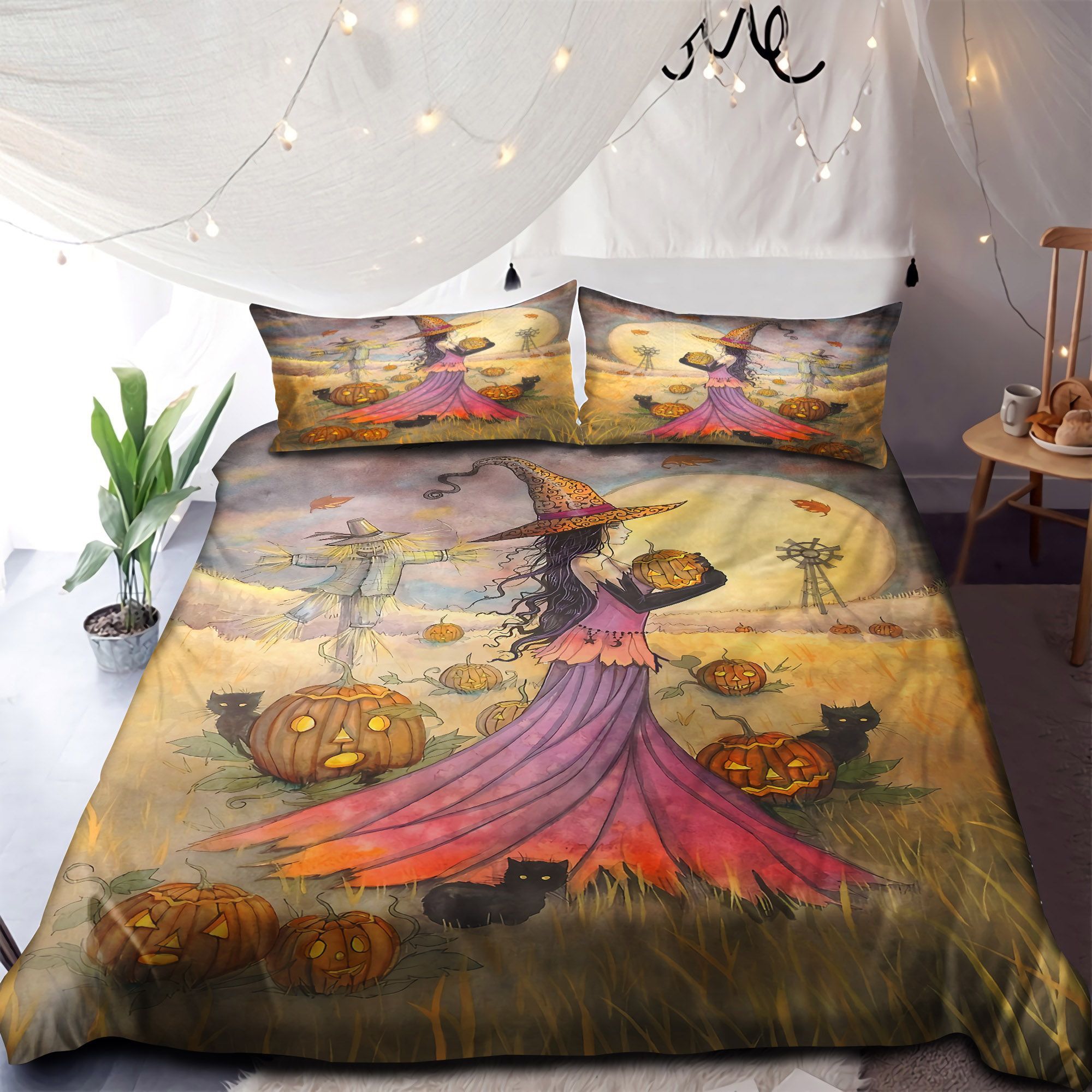 A Little Witch And Pumpkin Halloween Bedding Set