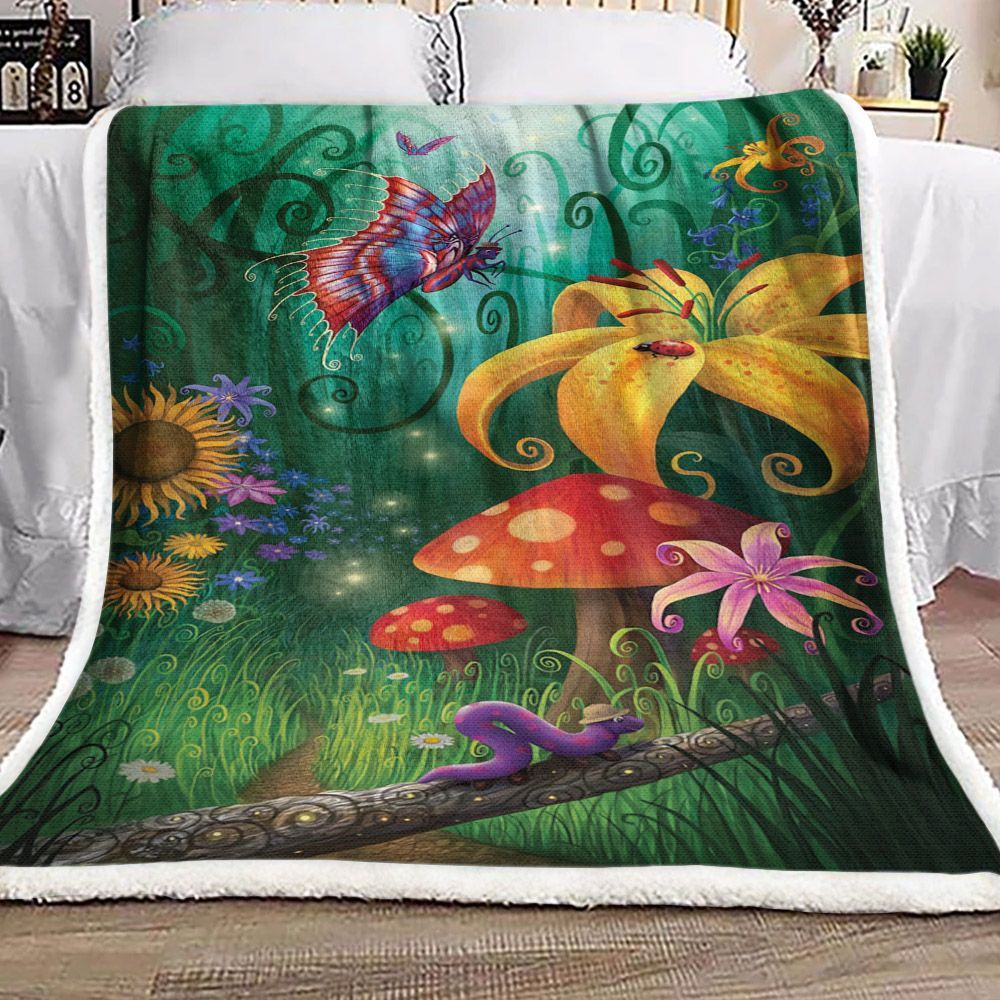 A Secret Place Mushroom Sunflower Butterfly Sherpa Fleece Blanket