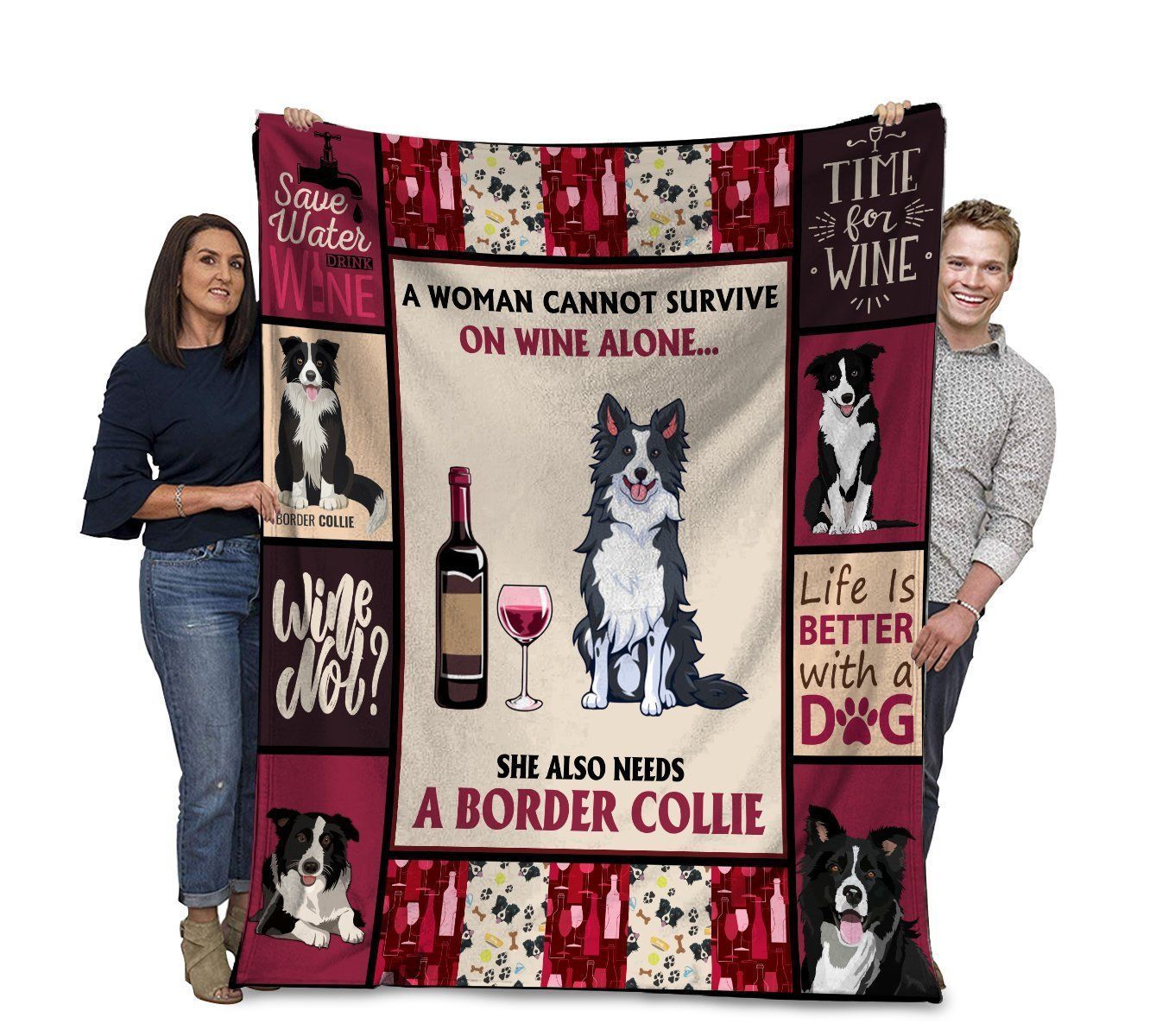 A Woman Cannot Survive On Wine Alone Border Collie Dog Fleece Blanket