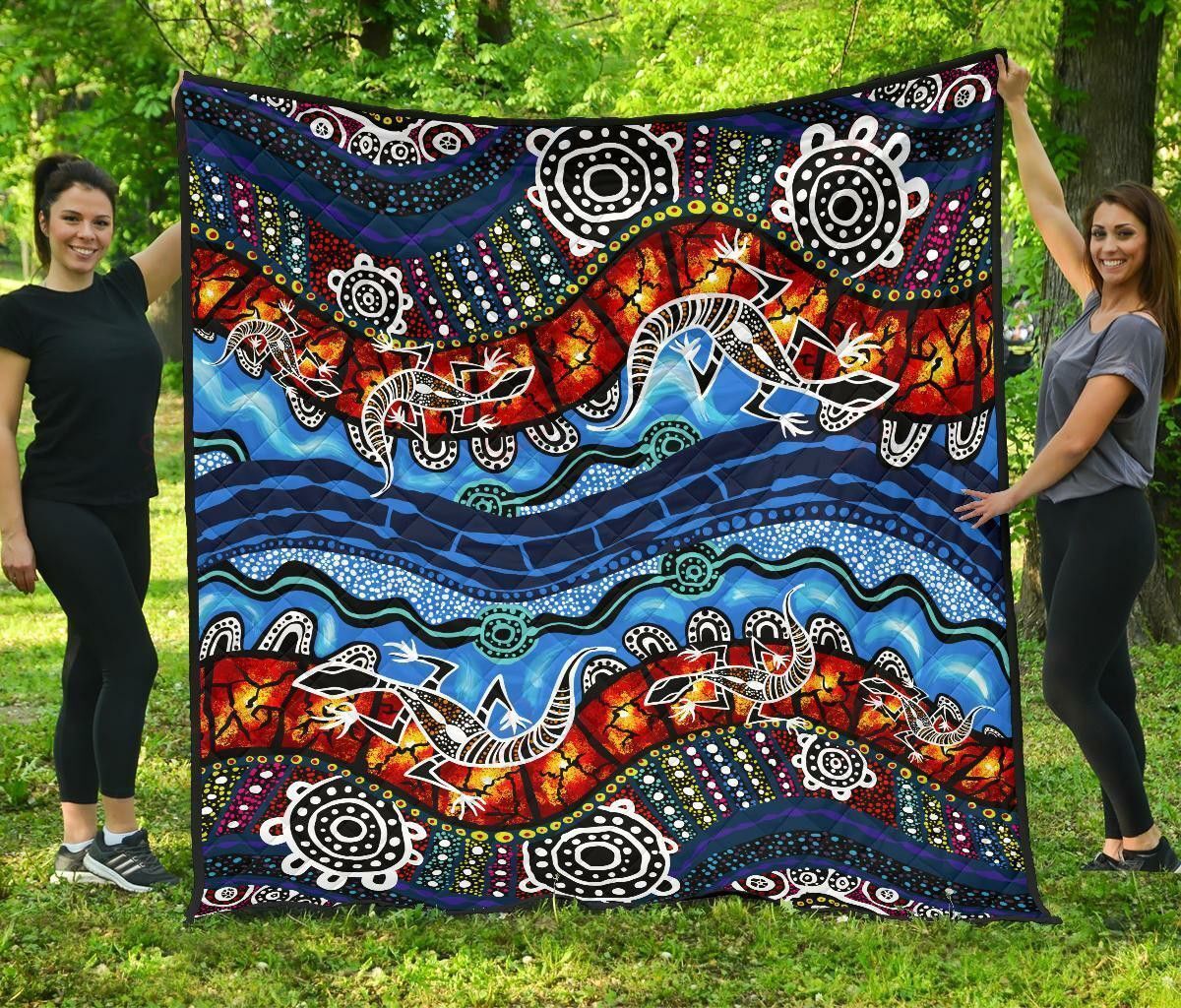 Aboriginal Lizard Dot Painting Blue Wave GS-CL-KC1108 Quilt Blanket