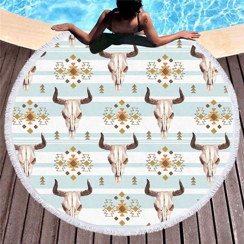 Aboriginal Ox Heads Pattern Printed Round Beach Towel With Fringe