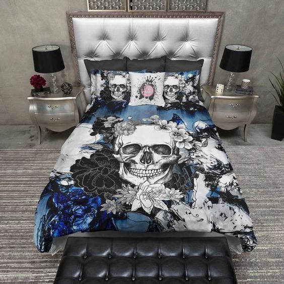 Abstract Blue Flower Skull Bedding Set