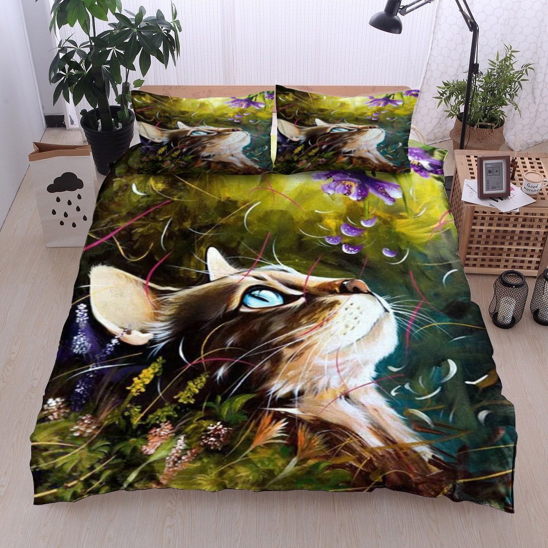 Abstract Cat And Purple Flower Bedding Set