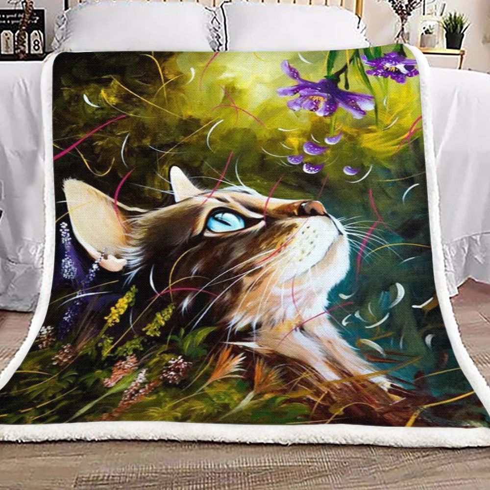 Abstract Cat And Purple Flower Sherpa Fleece Blanket