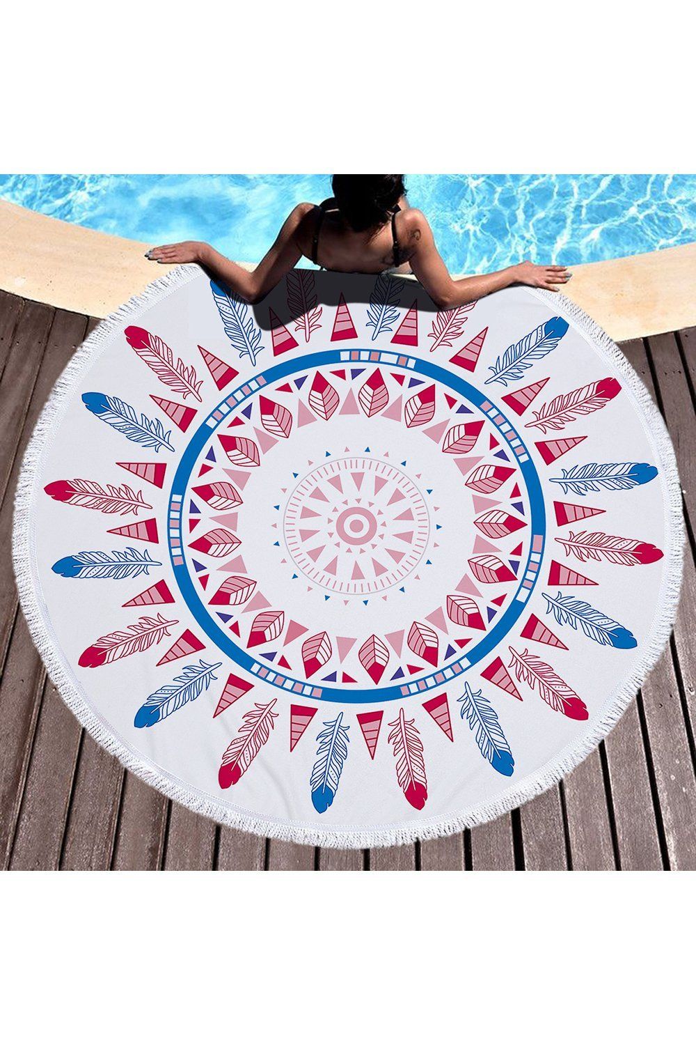 Abstract Feather Blue And Red Printed Round Beach Towel