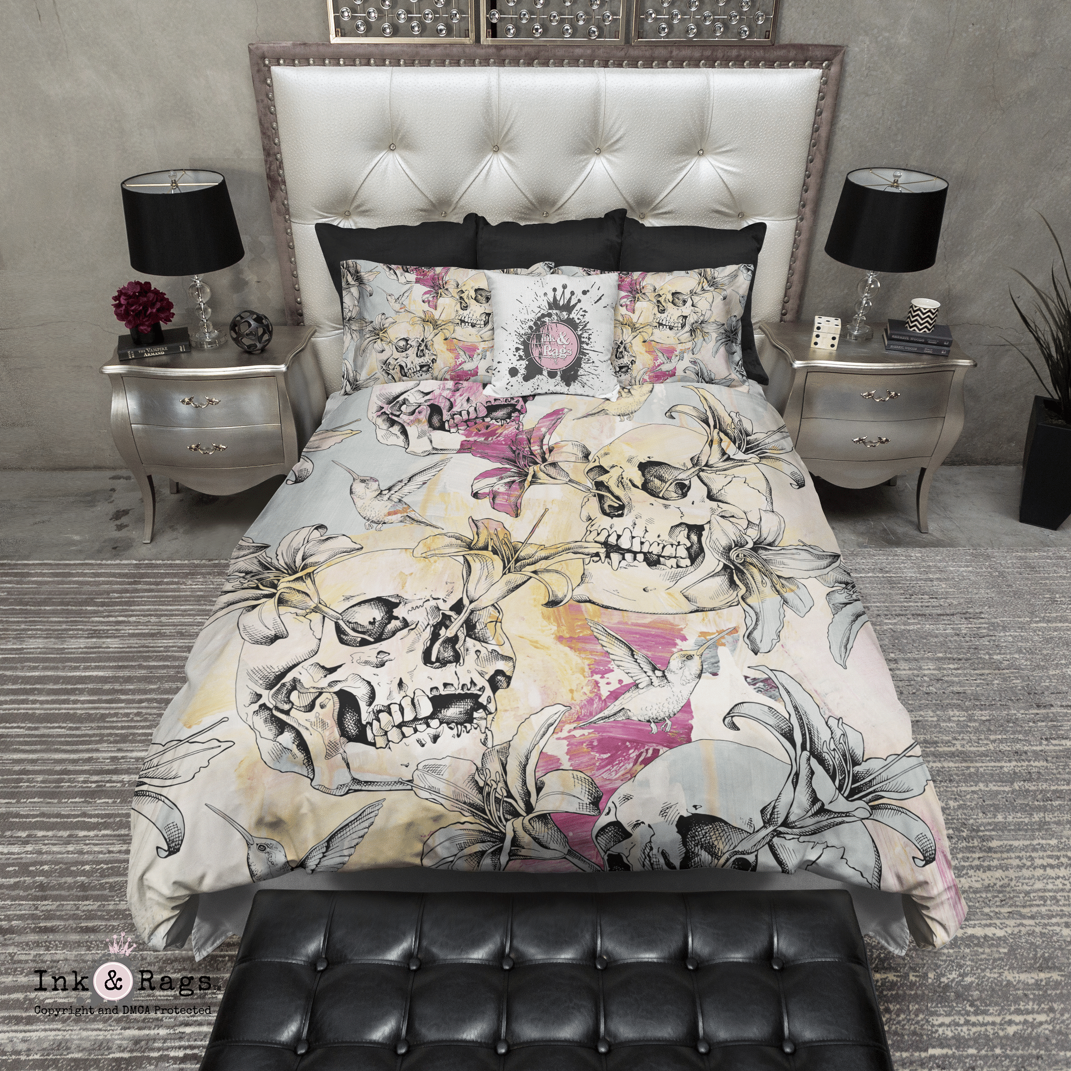 Abstract Lily Hummingbird And Skull Bedding Set