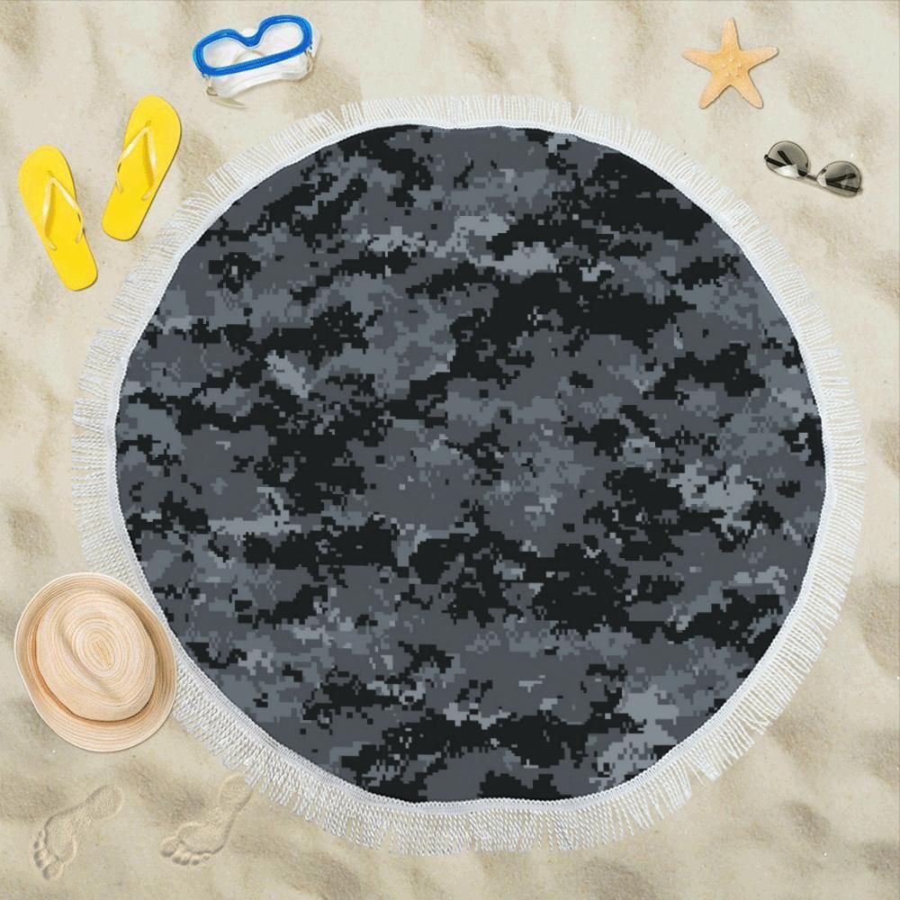 Acu Digital Black Camouflage Printed Round Beach Towel
