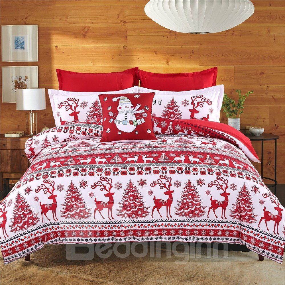 Adorila 60s Brocade Christmas Trees And Reindeer Bedding Set