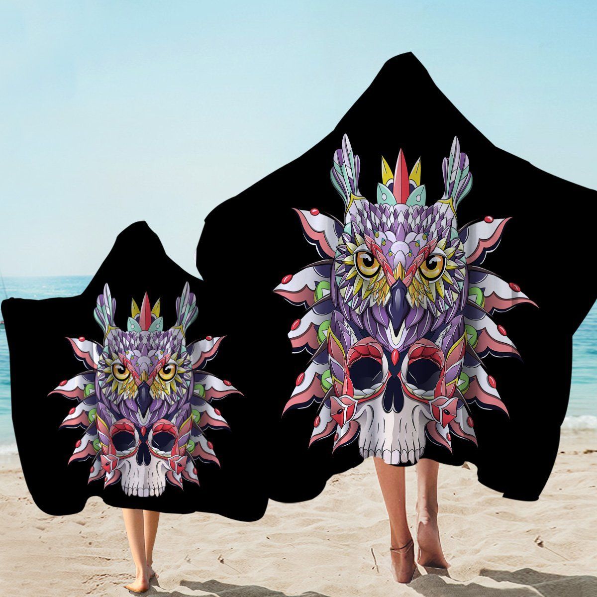 Aesthetic Skull Arty Owl Black Printed Hooded Towel