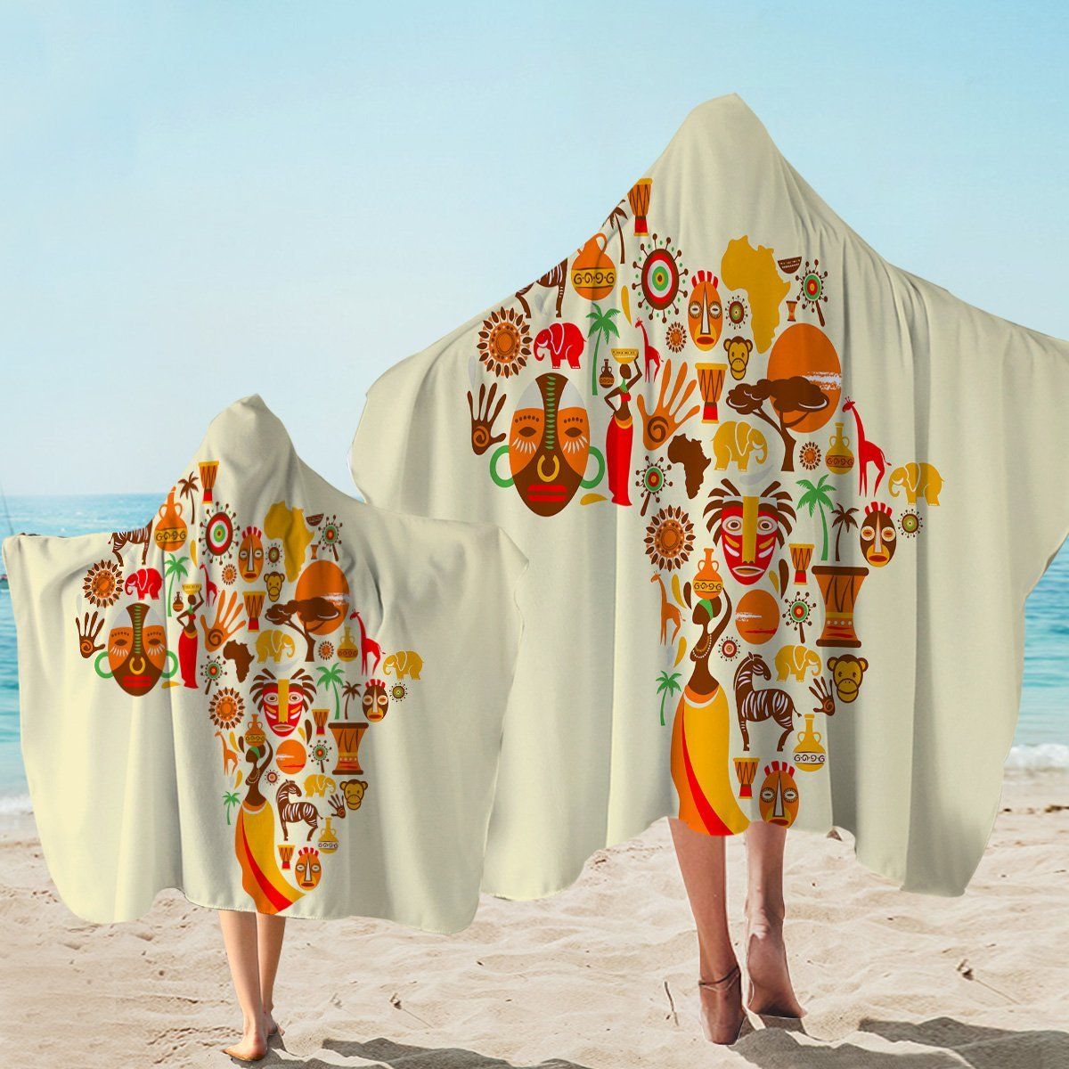 Africa Continent Tan Printed Hooded Towel