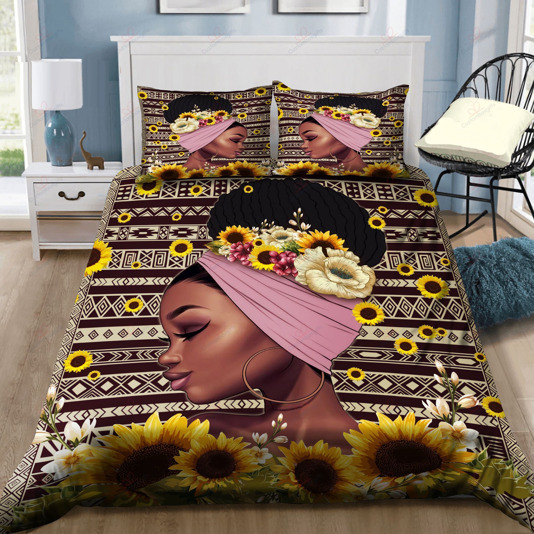 Africa Floral Black Girl With Aztec Pattern Bedding Set