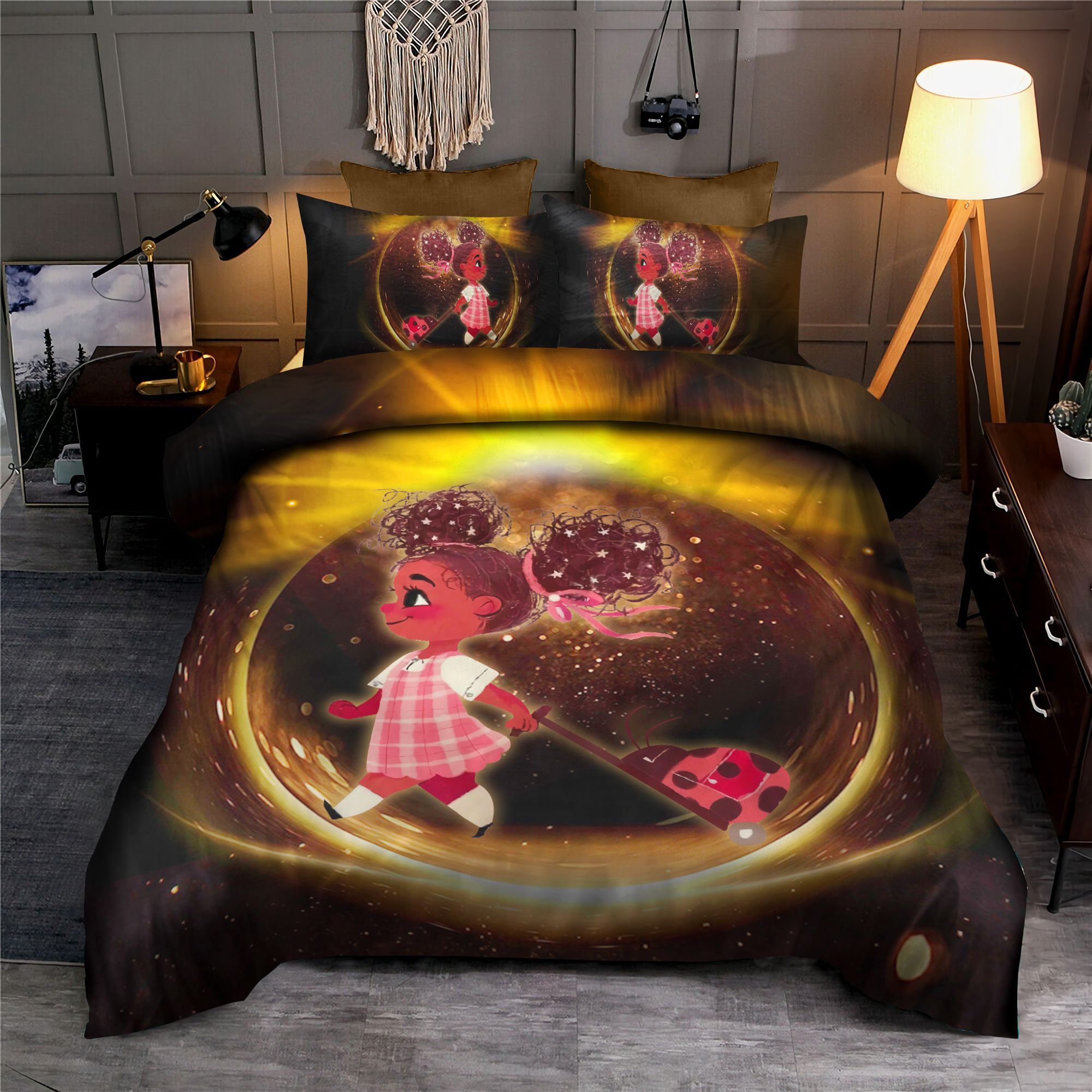 African American Cute Daughter Back To School Afro Balloon Girl Bedding Set