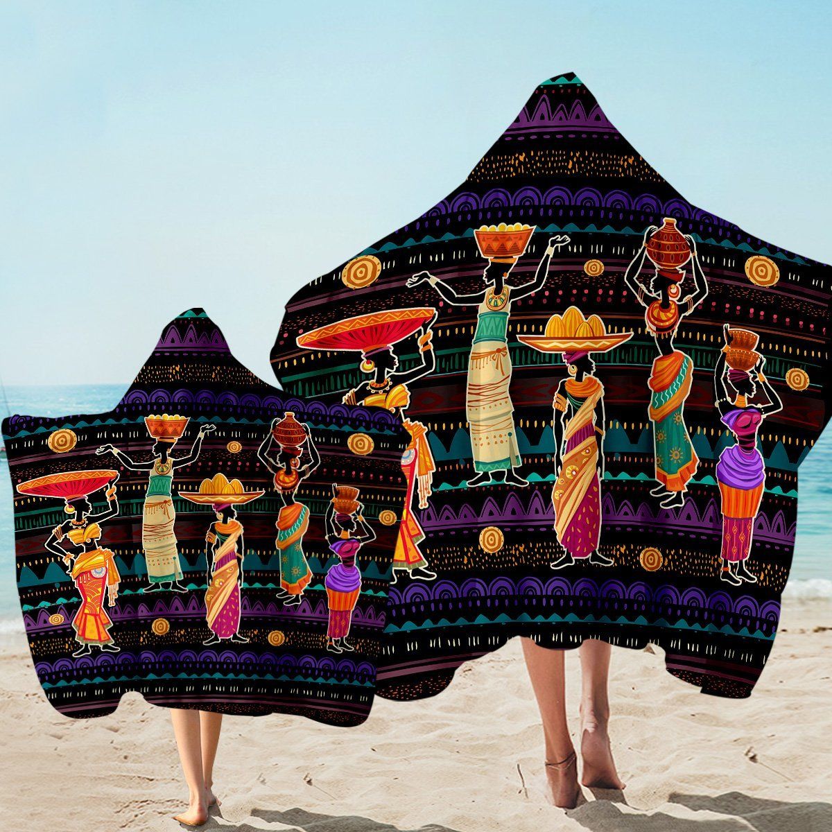 African Basket Ladies With Pattern Printed Hooded Towel