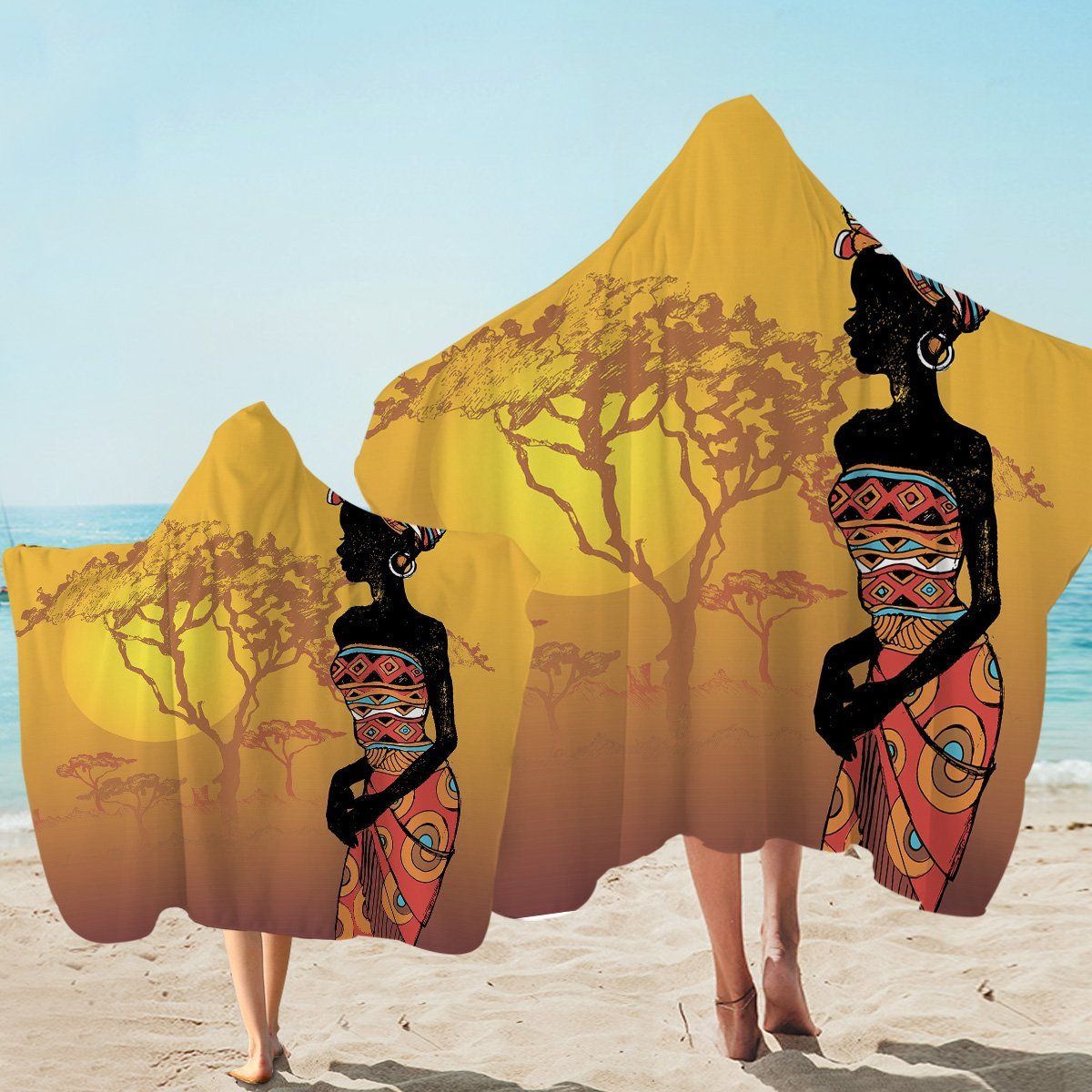 African Lady In The Sunset Printed Hooded Towel