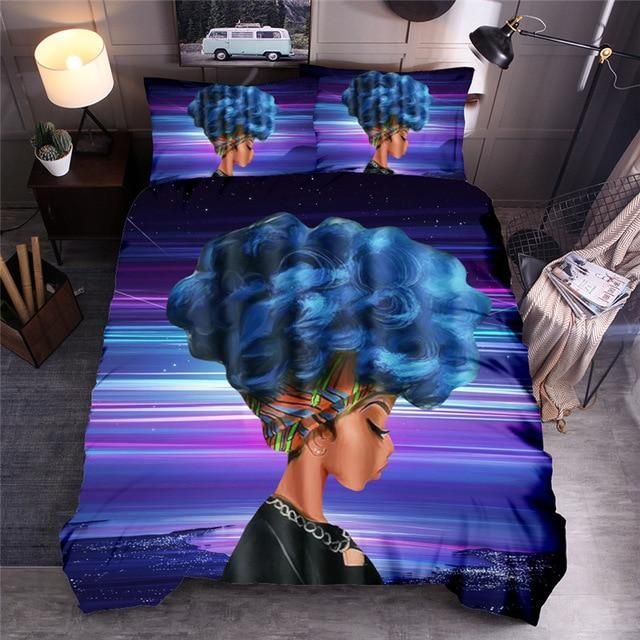 Afro Duvet Ethnic African With Short Blue Hair Bedding Set