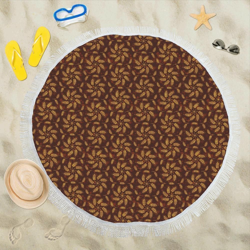 Agricultural Brown Wheat Print Pattern Round Beach Towel