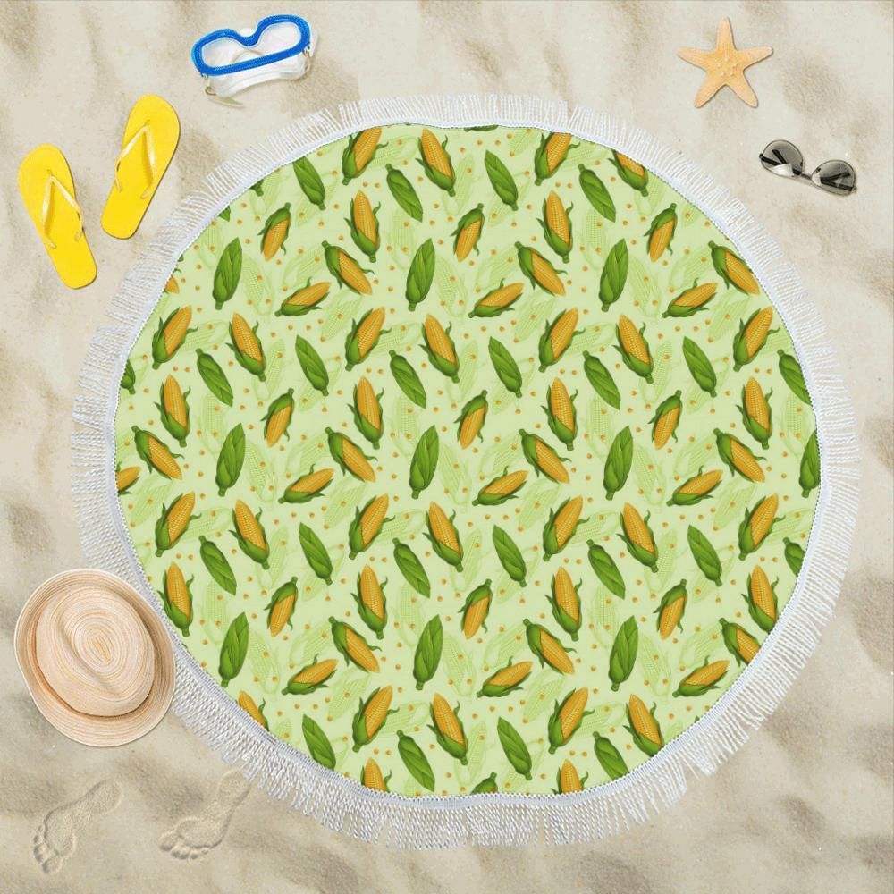 Agricultural Fresh Corn Cob Print Pattern Round Beach Towel