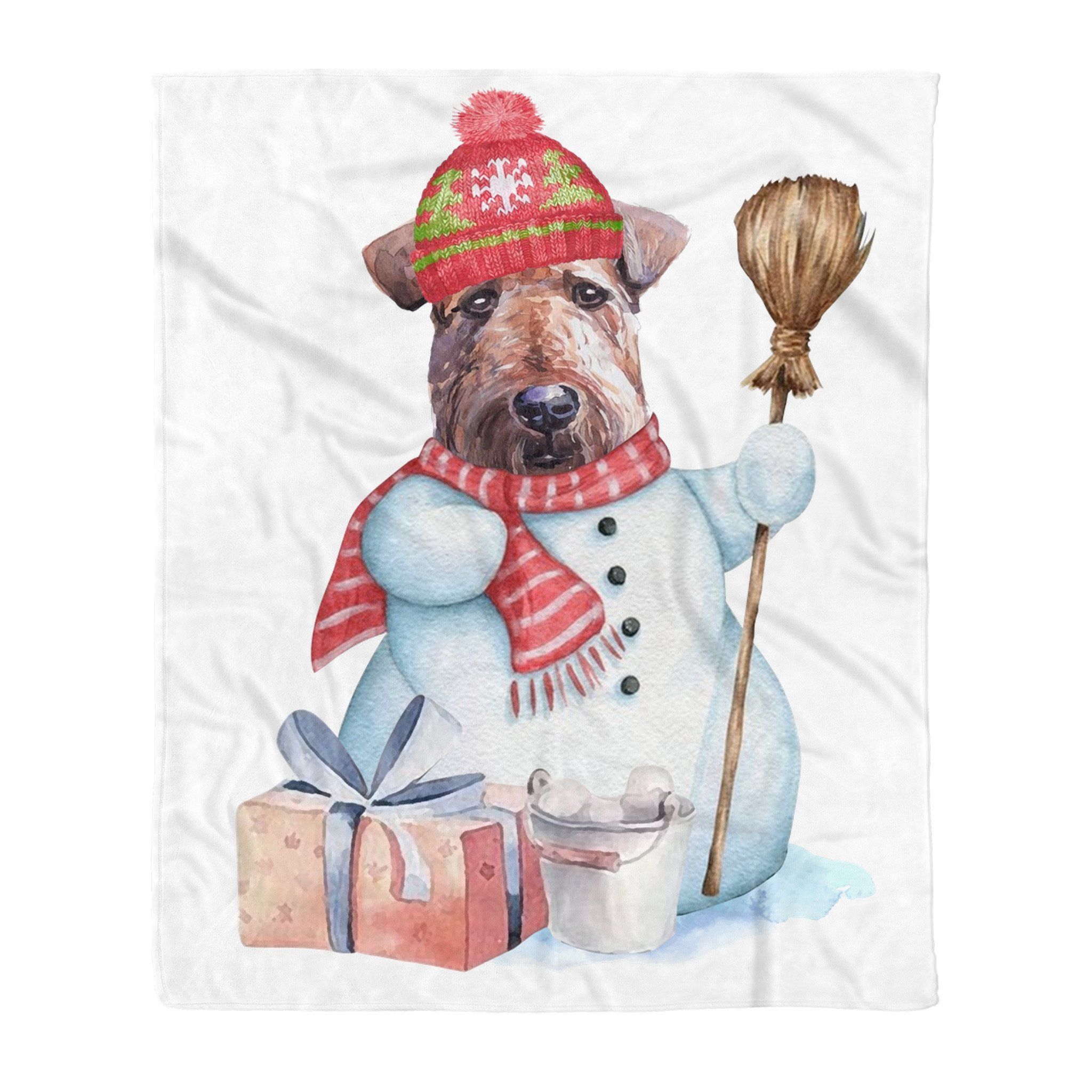 Airedale Terrier Snowman Christmas Sherpa Fleece Blanket