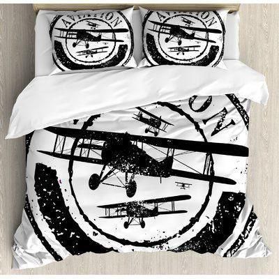 Airplane Artwork Black And White Bedding Set