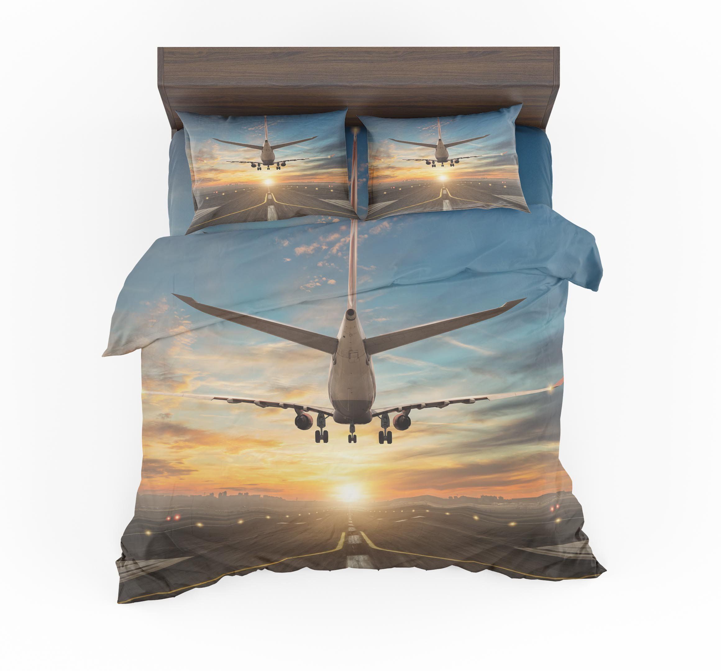 Airplane Over Runway Towards The Sunrise Bedding Set