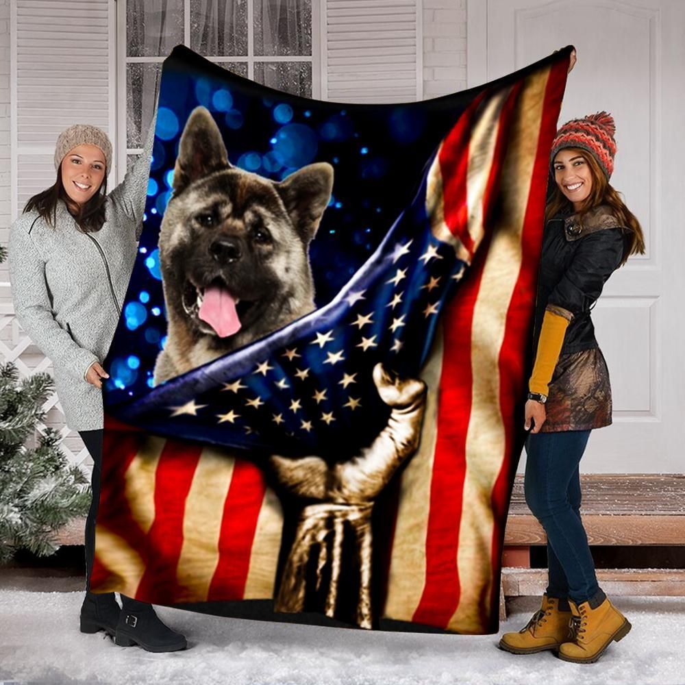 Akita Dog American Flag Sherpa Fleece Blanket