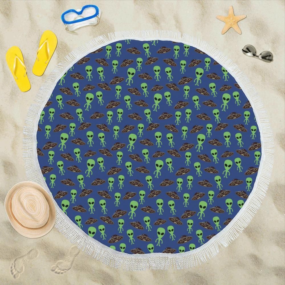 Alien Green Ufo Pattern Round Beach Towel