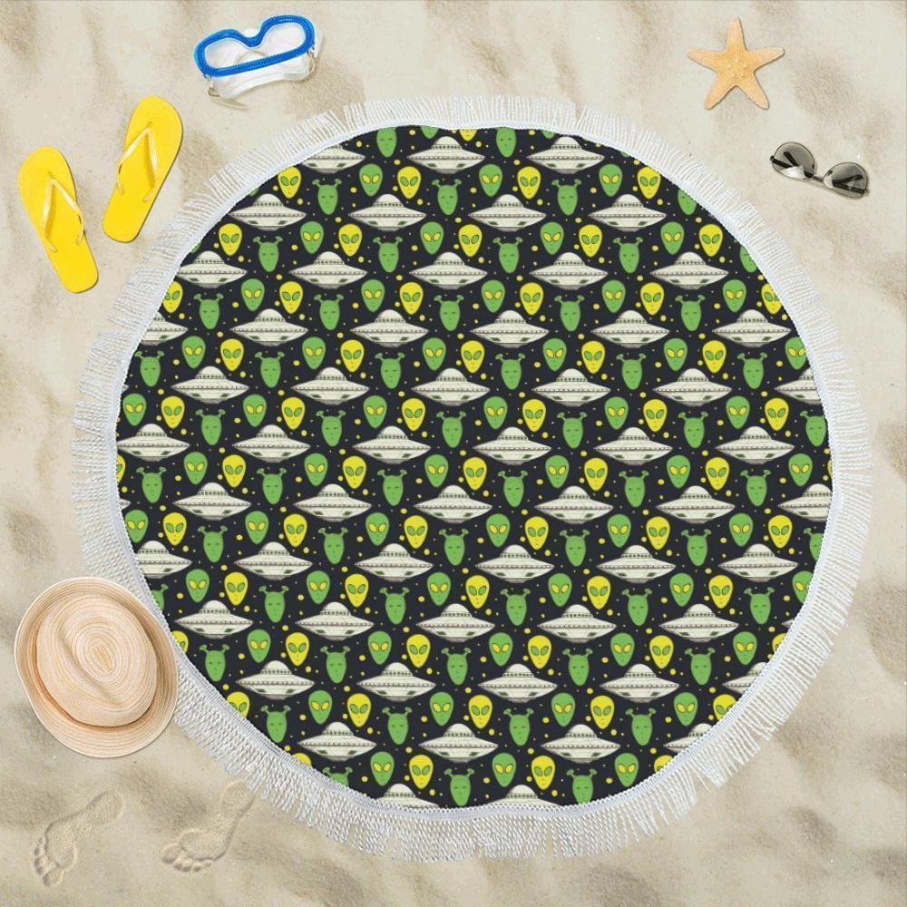 Alien Ufo Pattern All Over Printed Round Beach Towel