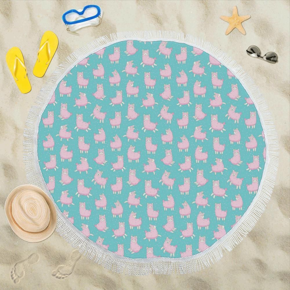 Alpaca Cartoon Design Themed Print Round Beach Towel