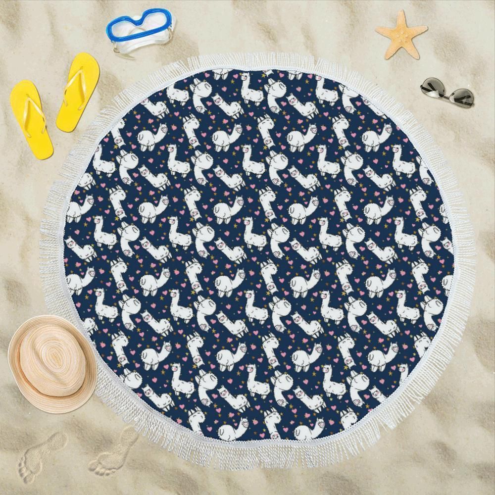 Alpaca Heart Star Design Themed Print Round Beach Towel