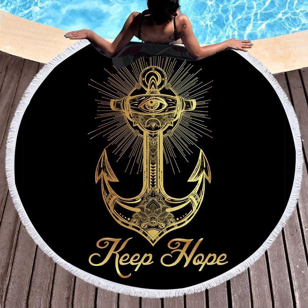 Always Keep Hope Black Printed Round Beach Towel