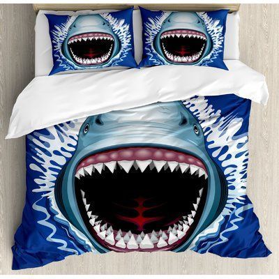 Ambesonne Shark Attack Of Open Mouth Sharp Teeth Sea Danger Wildlife Bedding Set