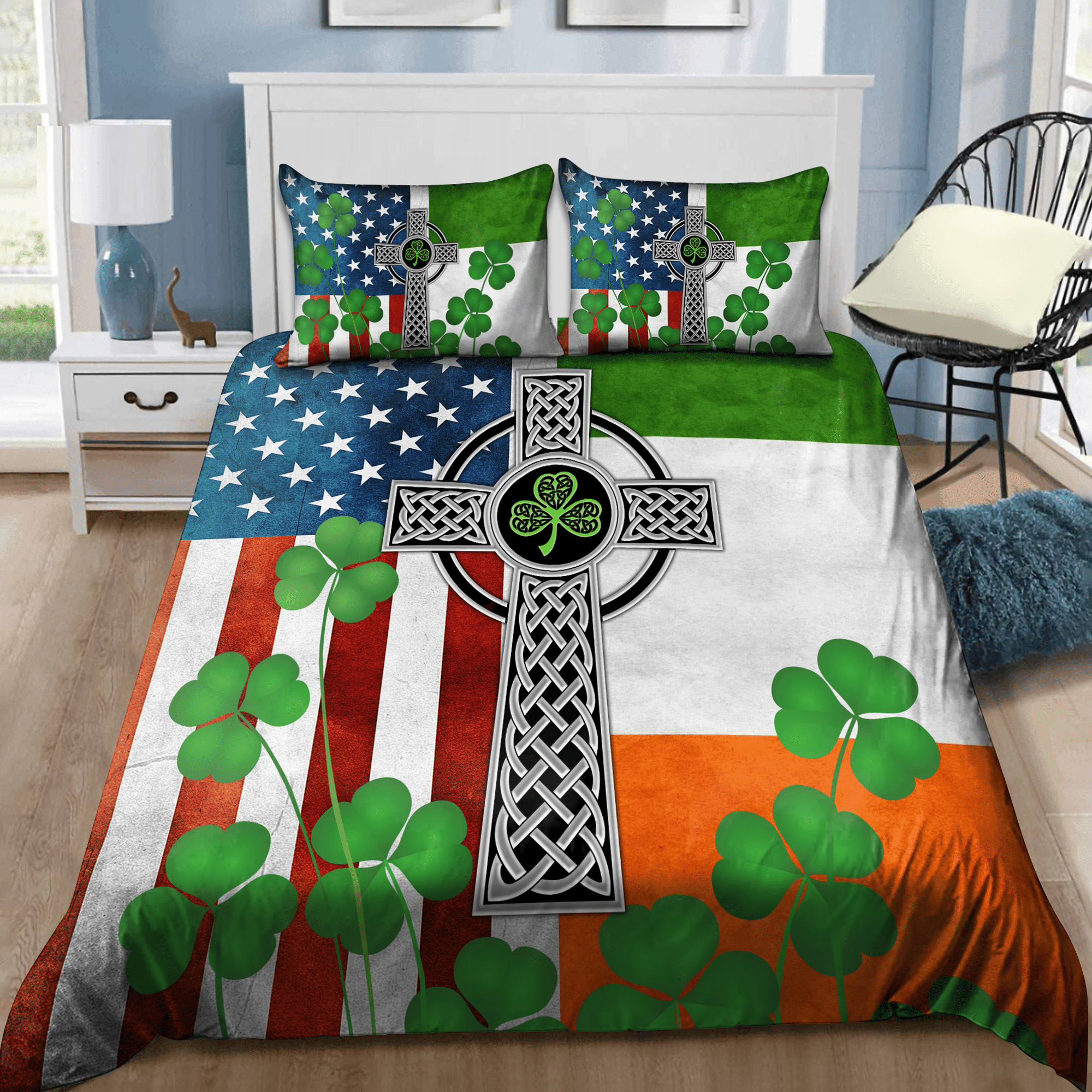 American And Ireland Flag Cross Celtic St Patrick’s Day Bedding Set