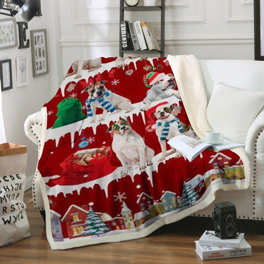 American Bulldog Snow Christmas Sherpa Fleece Blanket