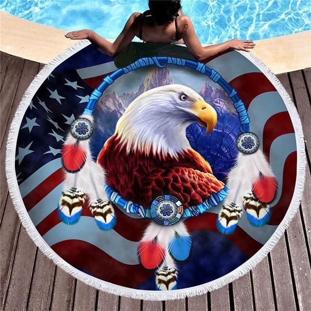 American Dreamcatcher Eagle Round Beach Towel