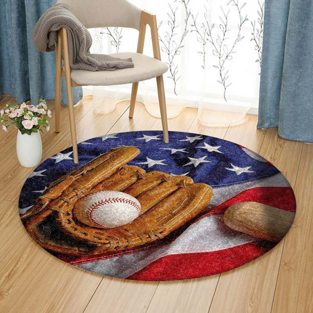 American Flag Baseball Round Carpet