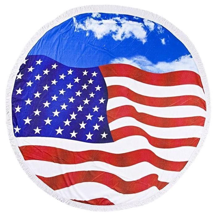 American Flag Flying In Blue Sky Printed Round Beach Towel