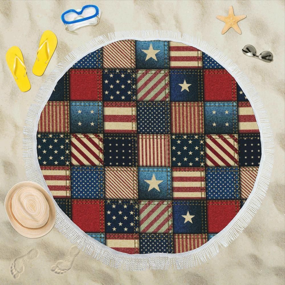 American Flag Patchwork Design Printed Round Beach Towel