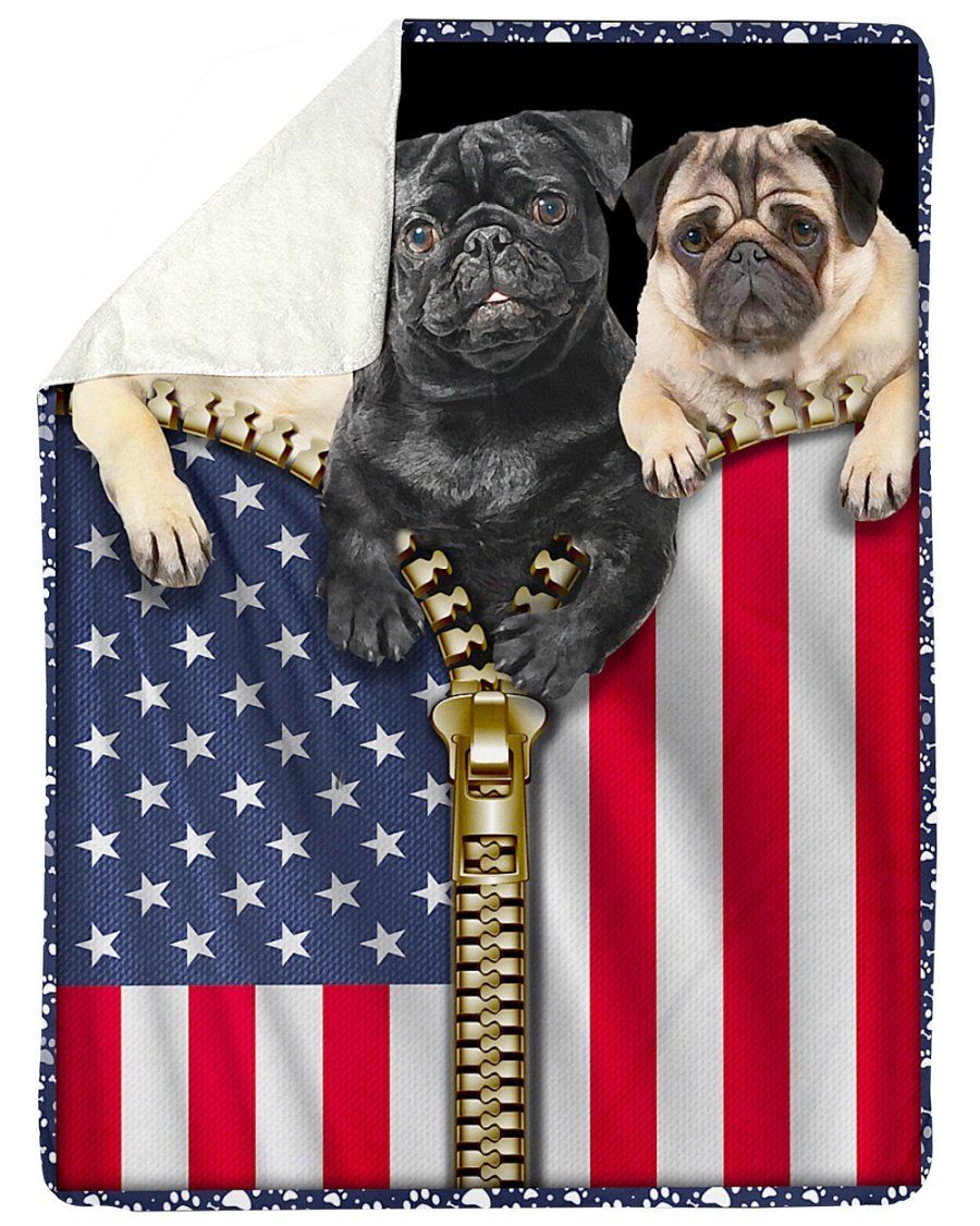 American Flag Pug Pitbull Fleece Blanket Gift For Dog Lovers Sherpa Blanket