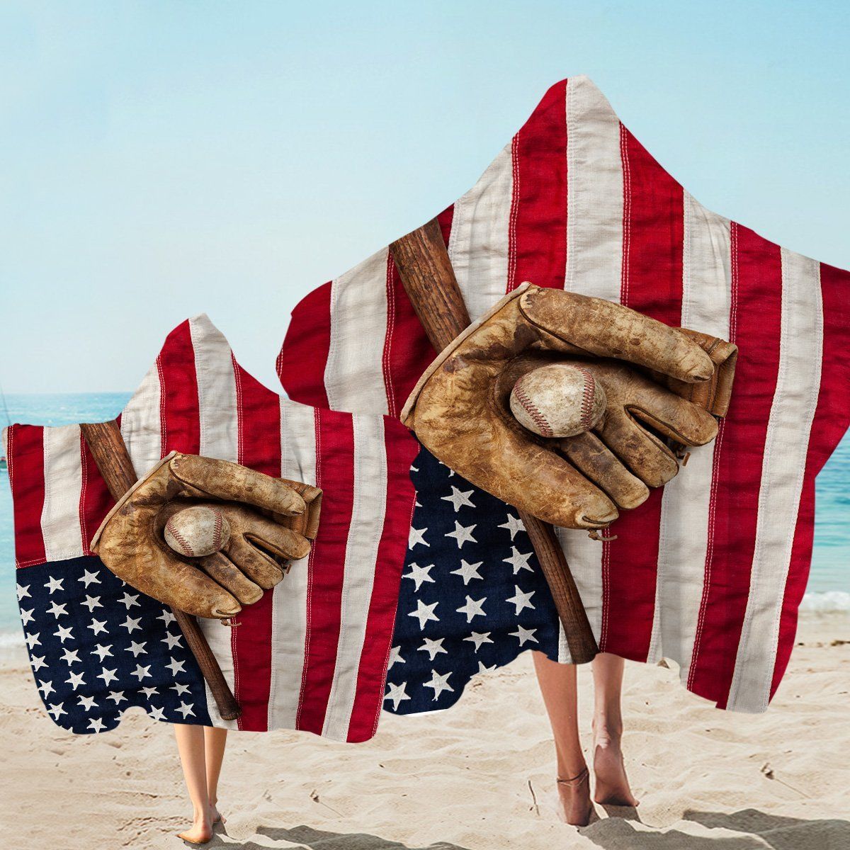 American Flag With Baseball Ball In Glove And Bat Printed Hooded Towel