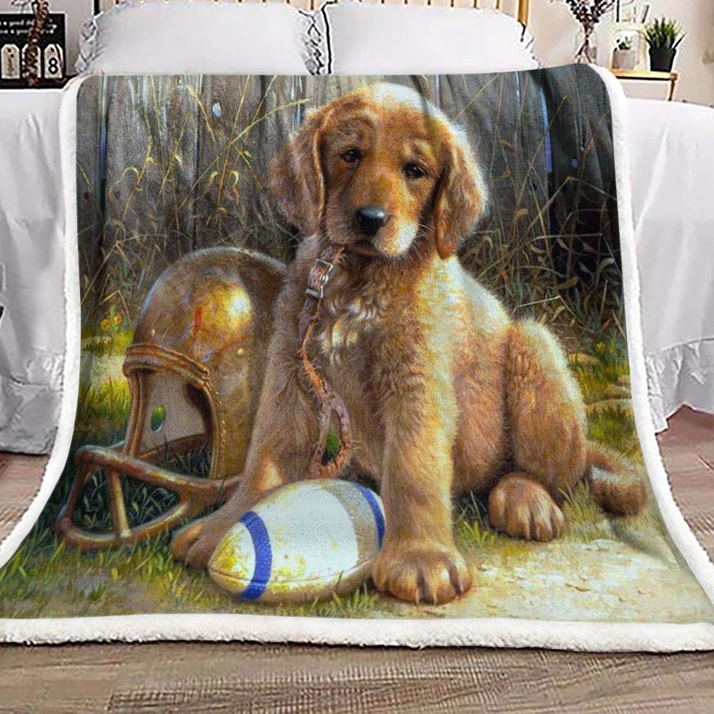 American Football Golden Retriever Puppy Sherpa Fleece Blanket