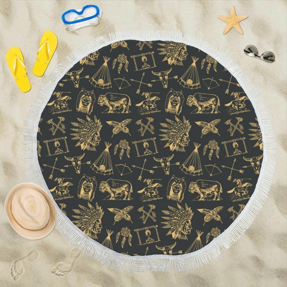 American Indian Gold Style Round Beach Towel