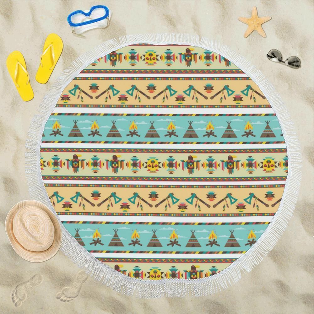 American Indian Life Pattern Round Beach Towel