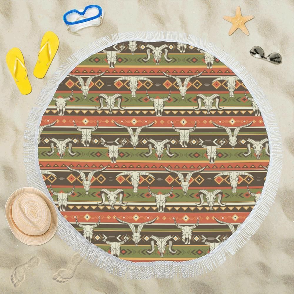 American Indian Skull Animal Round Beach Towel