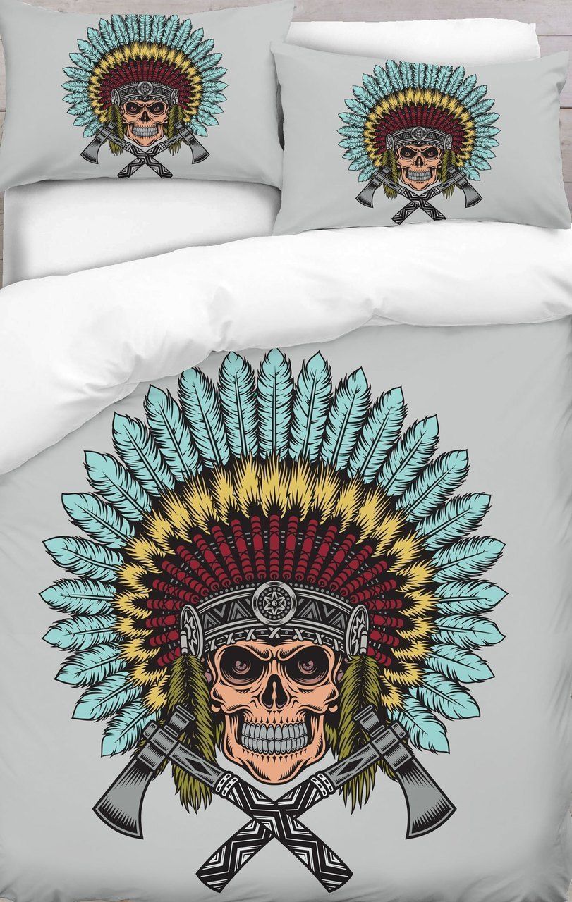 American Indian Skull Duck Blue Bedding Set