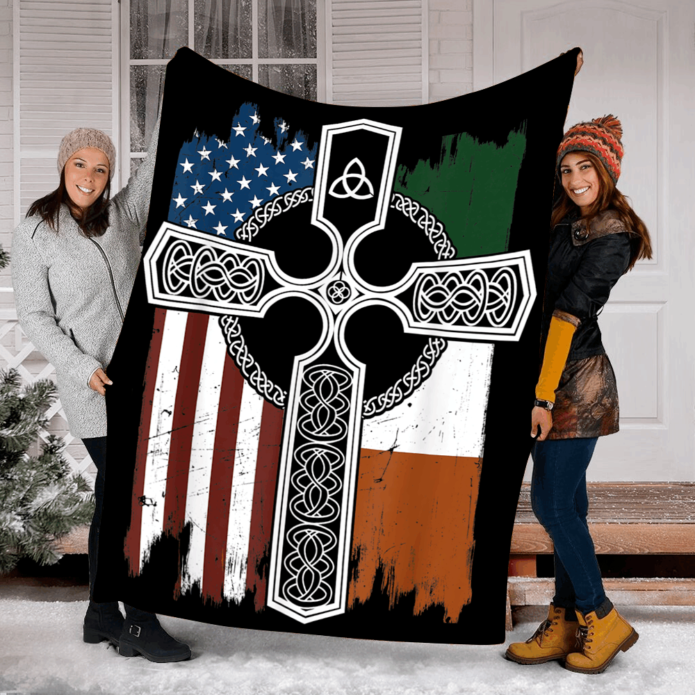 American Irish Flag With Celtic Cross St Patricks Sherpa Fleece Blanket