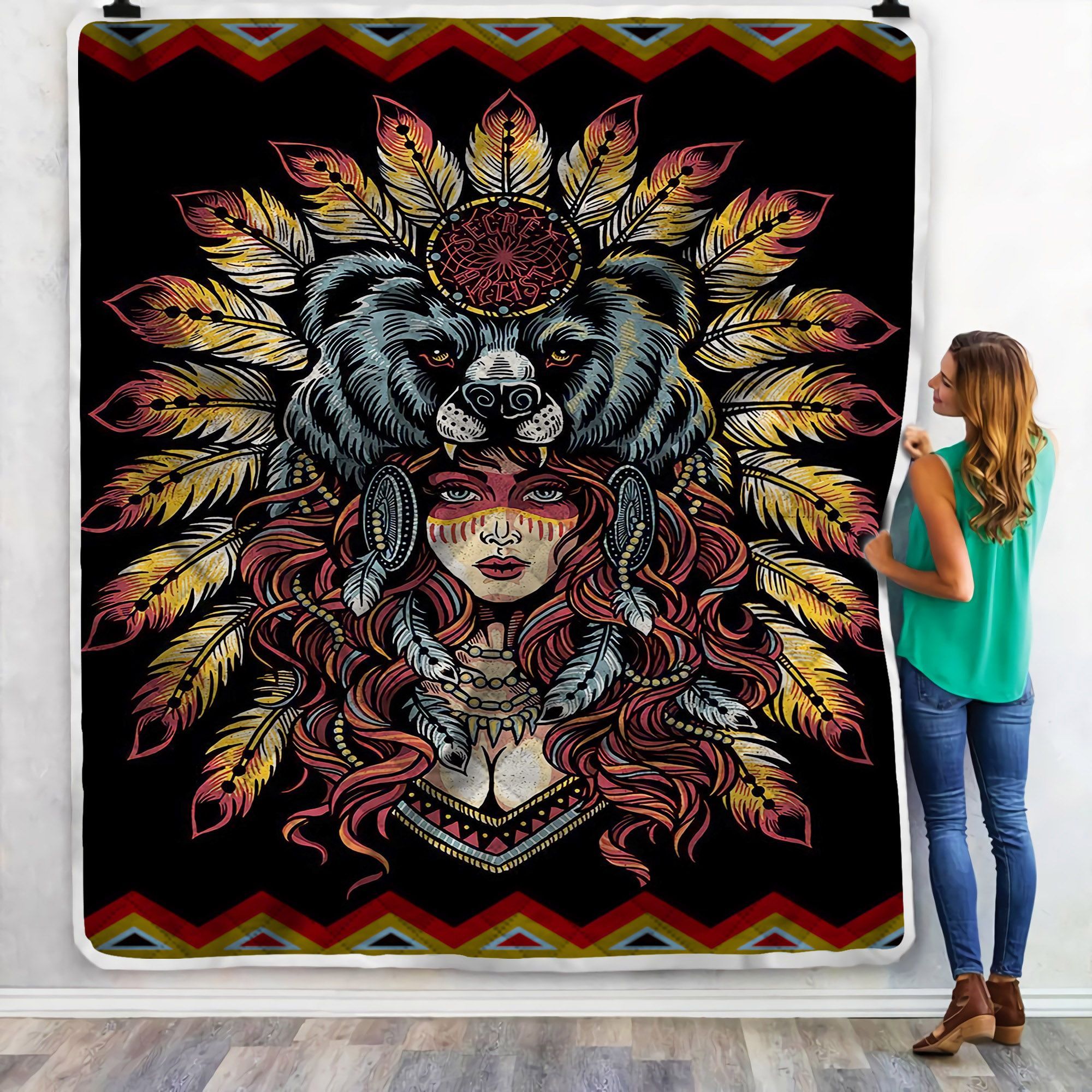 American Native Bear Sherpa Fleece Blanket