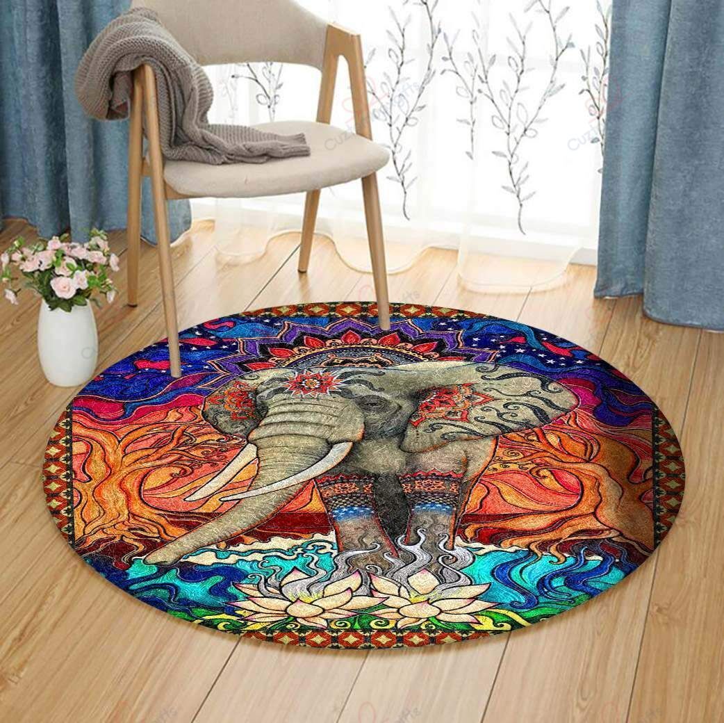 Ancient Elephant Painting Round Carpet