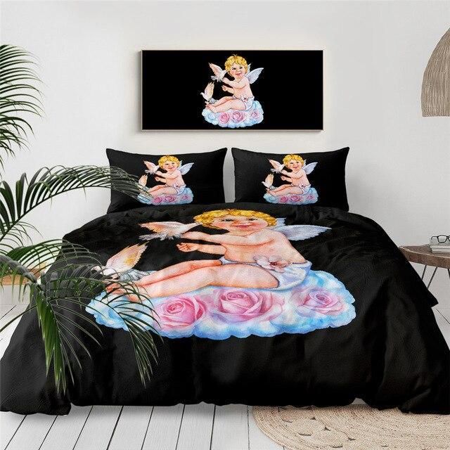 Angel Cupid Flower Black Bedding Set